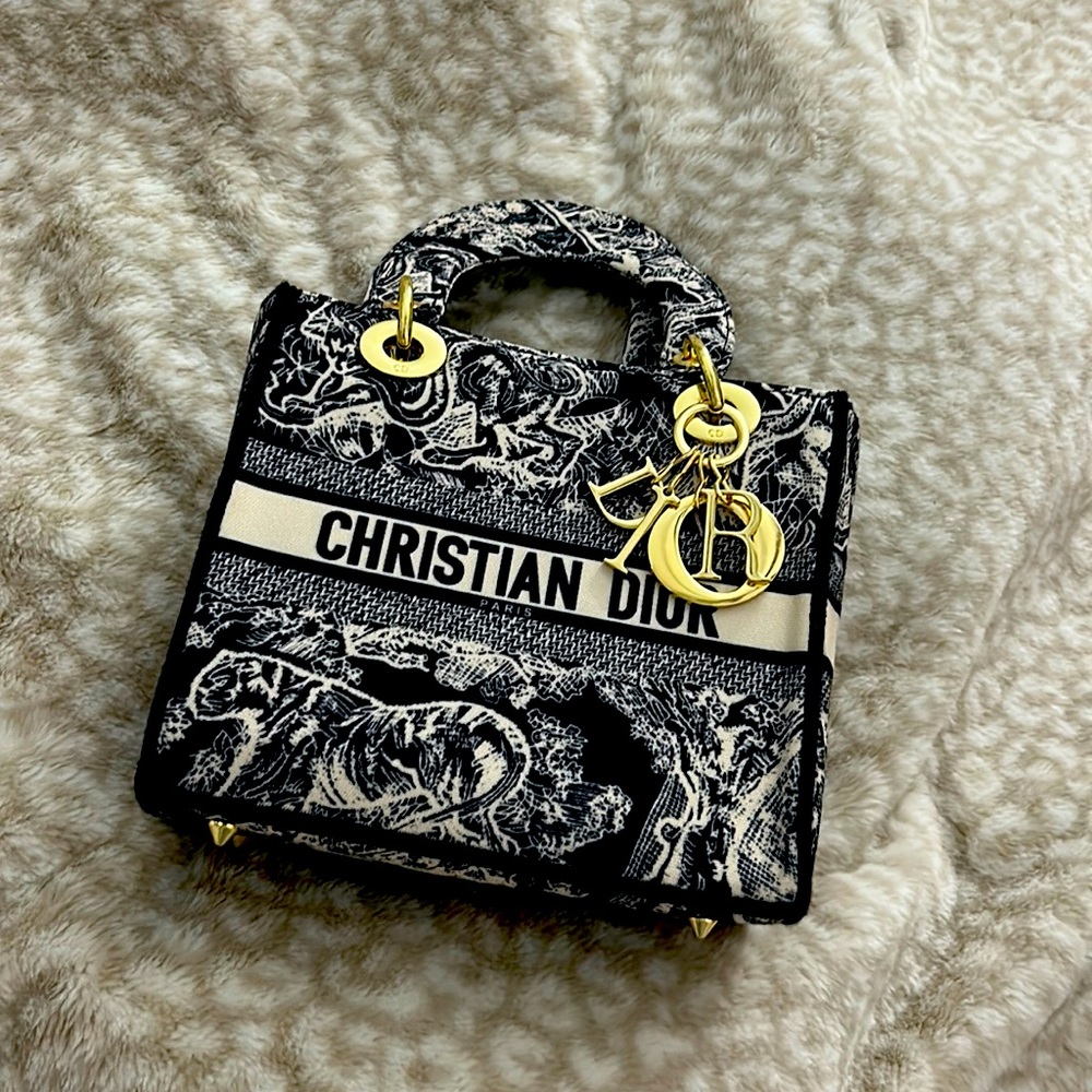 MEDIUM LADY D-LITE BAG Blue Toile de Jouy Reverse Embroidery